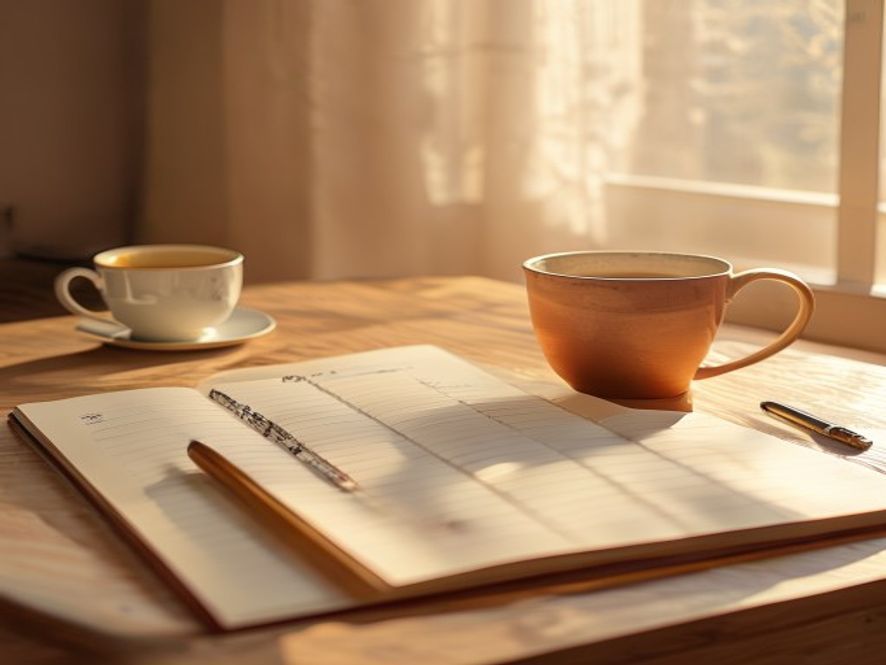 A notebook with movement tracking and a cup of tea on a wooden desk