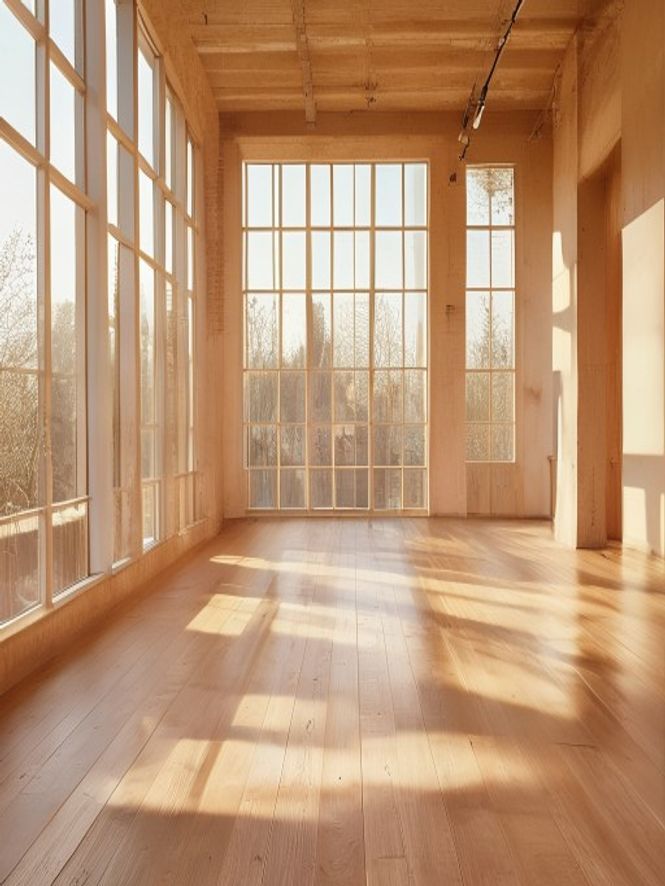 Morning sunlight in a spacious studio with movement space and natural light